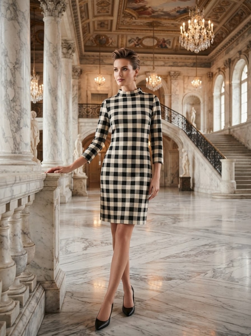 Talbots Black and Cream Checked Sheath Dress